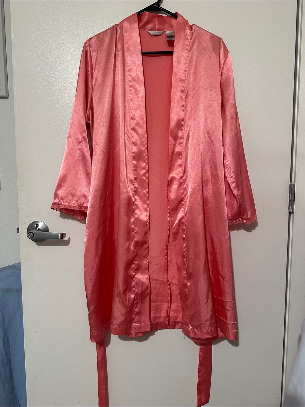 Adonna Coral Pink Satin Open-Front Robe with Self-Tie